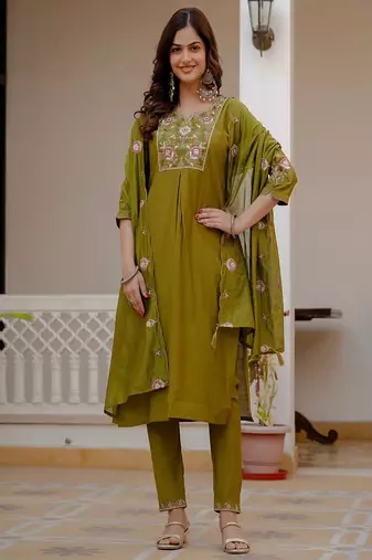 Embroidered viscose silk kurta with pant & dupatta set for women