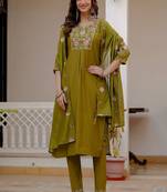 Embroidered viscose silk kurta with pant & dupatta set for women