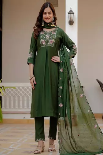 Embroidered viscose silk kurta with pant & dupatta set for women