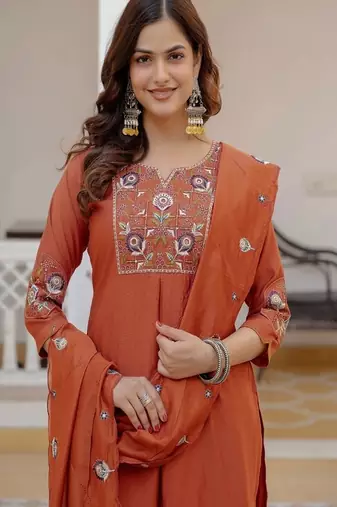 Embroidered viscose silk kurta with pant & dupatta set for women