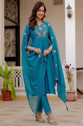 Embroidered viscose silk kurta with pant & dupatta set for women