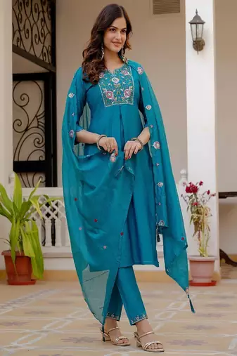 Embroidered viscose silk kurta with pant & dupatta set for women