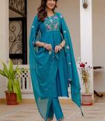 Embroidered viscose silk kurta with pant & dupatta set for women