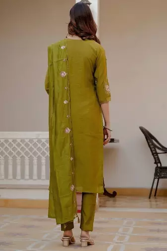 Embroidered viscose silk kurta with pant & dupatta set for women