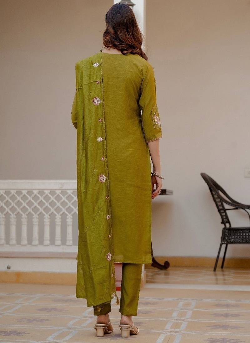 Embroidered viscose silk kurta with pant & dupatta set for women