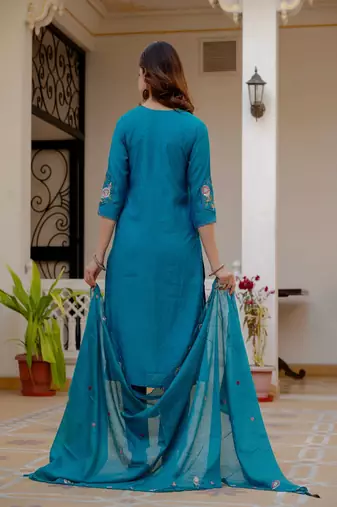Embroidered viscose silk kurta with pant & dupatta set for women