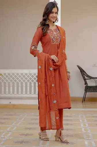 Embroidered viscose silk kurta with pant & dupatta set for women