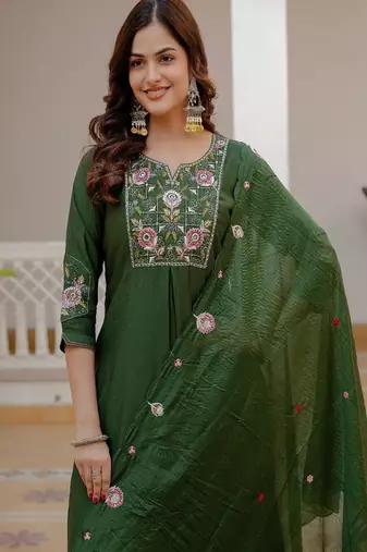 Embroidered viscose silk kurta with pant & dupatta set for women