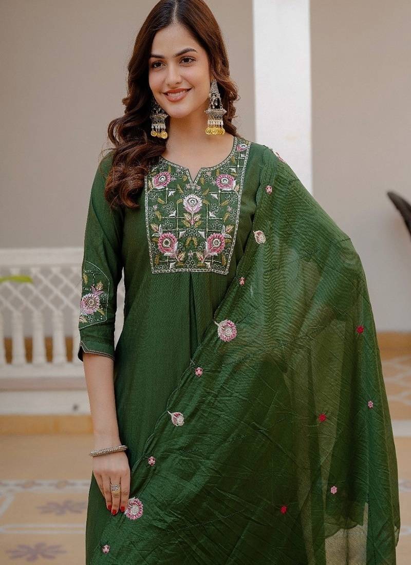 Embroidered viscose silk kurta with pant & dupatta set for women