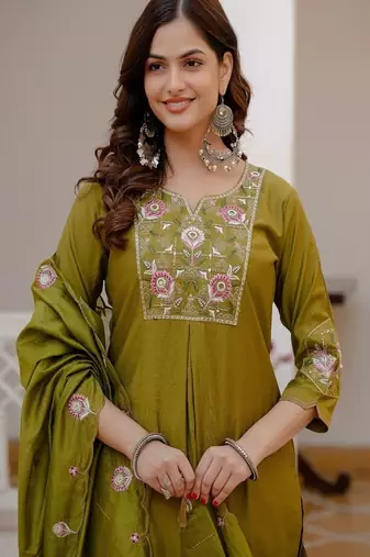 Embroidered viscose silk kurta with pant & dupatta set for women