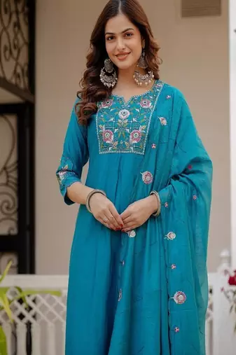 Embroidered viscose silk kurta with pant & dupatta set for women