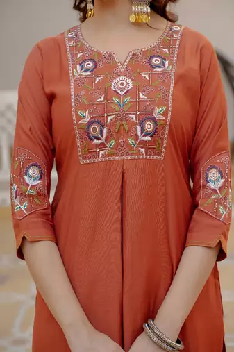 Embroidered viscose silk kurta with pant & dupatta set for women