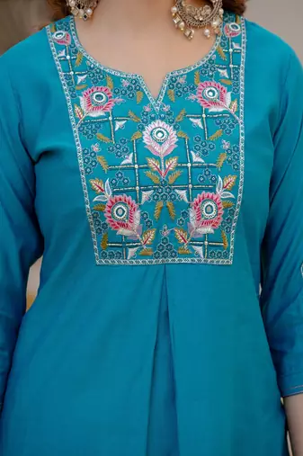 Embroidered viscose silk kurta with pant & dupatta set for women