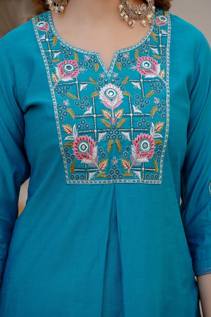 Embroidered viscose silk kurta with pant & dupatta set for women