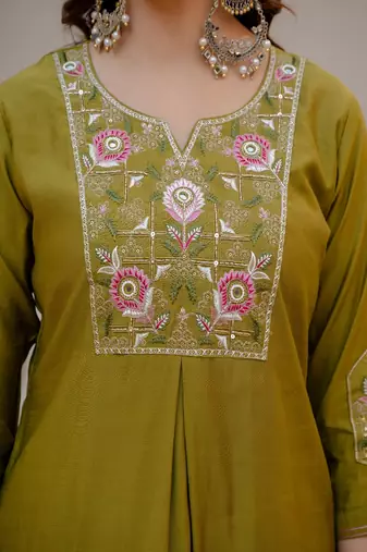 Embroidered viscose silk kurta with pant & dupatta set for women