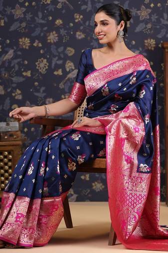 Navy blue woven design baluchari saree