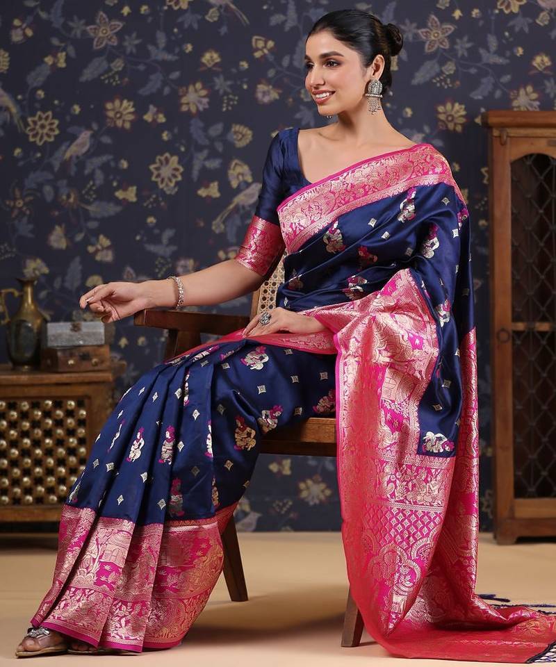 Navy blue woven design baluchari saree
