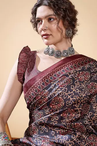 Black ethnic digital print daily wear bagru saree with matching blouse