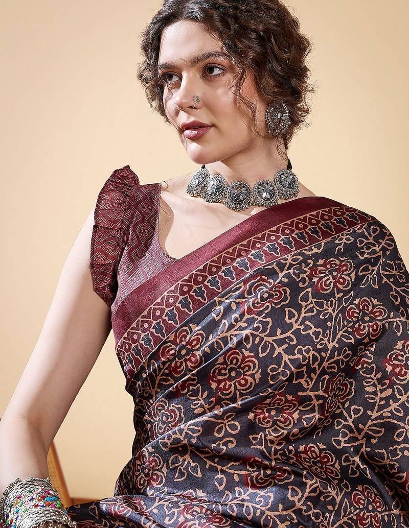 Black ethnic digital print daily wear bagru saree with matching blouse