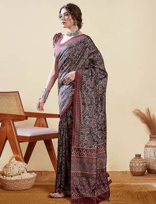 Black ethnic digital print daily wear bagru saree with matching blouse 2