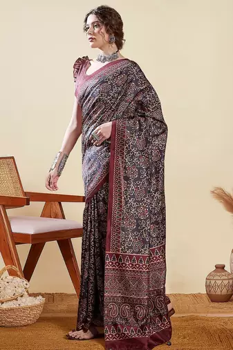 Black ethnic digital print daily wear bagru saree with matching blouse