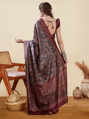 Black ethnic digital print daily wear bagru saree with matching blouse 3