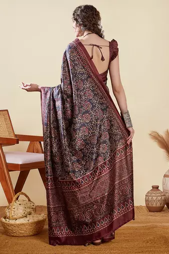 Black ethnic digital print daily wear bagru saree with matching blouse