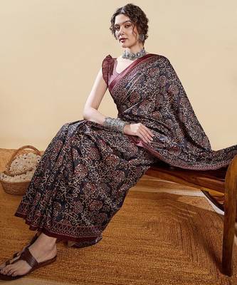 Black ethnic digital print daily wear bagru saree with matching blouse 4