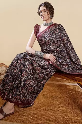 Black ethnic digital print daily wear bagru saree with matching blouse