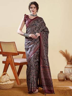 Black ethnic digital print daily wear bagru saree with matching blouse 5