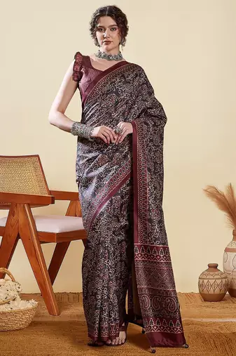 Black ethnic digital print daily wear bagru saree with matching blouse