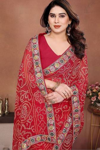 Red embroidered sarees with blouse piece
