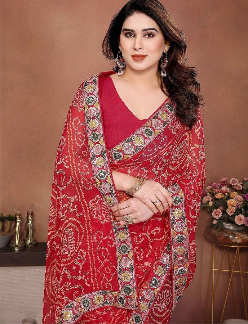 Red embroidered sarees with blouse piece