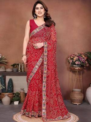 Red embroidered sarees with blouse piece 2