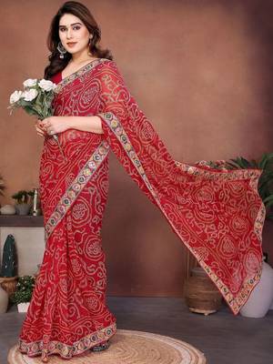 Red embroidered sarees with blouse piece 3