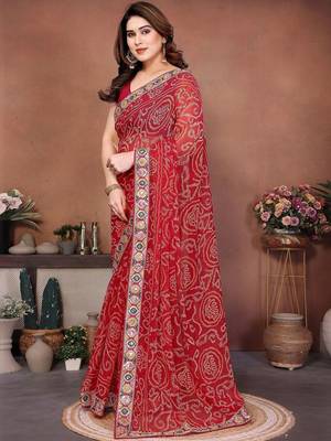 Red embroidered sarees with blouse piece 4