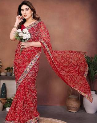 Red embroidered sarees with blouse piece 5