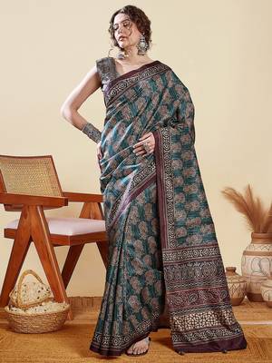 Teal ethnic motifs digital printed silk blend saree with unstitched blouse 1