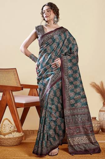 Teal ethnic motifs digital printed silk blend saree with unstitched blouse