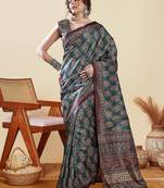 Teal ethnic motifs digital printed silk blend saree with unstitched blouse