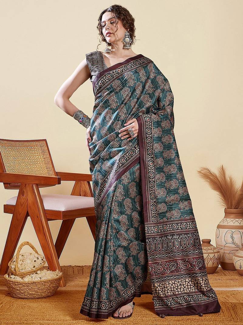 Teal ethnic motifs digital printed silk blend saree with unstitched blouse