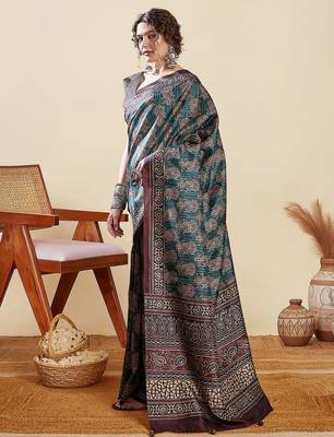 Teal ethnic motifs digital printed silk blend saree with unstitched blouse 2