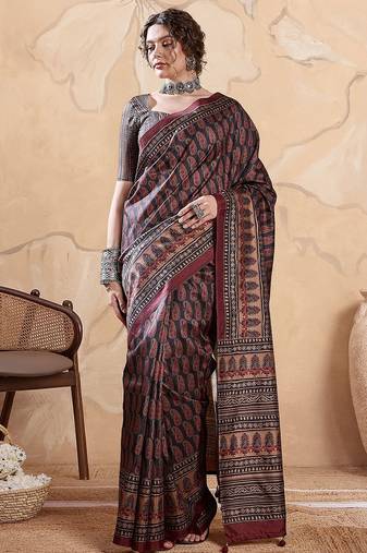 Black ethnic motifs digital printed silk blend saree with unstitched blouse