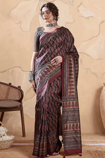 Black ethnic motifs digital printed silk blend saree with unstitched blouse