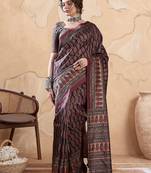 Black ethnic motifs digital printed silk blend saree with unstitched blouse