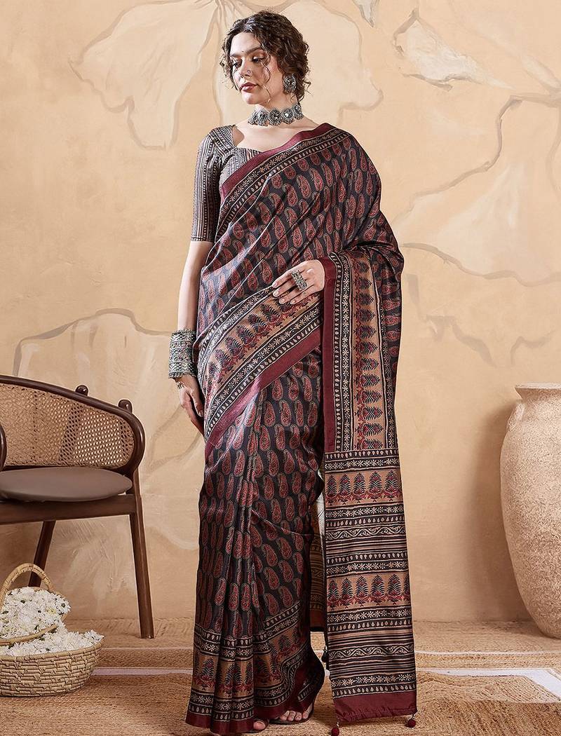 Black ethnic motifs digital printed silk blend saree with unstitched blouse