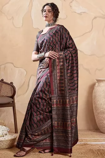 Black ethnic motifs digital printed silk blend saree with unstitched blouse