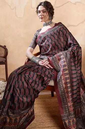 Black ethnic motifs digital printed silk blend saree with unstitched blouse