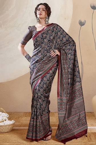 Navy blue ethnic motifs digital printed silk blend saree with unstitched blouse