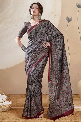 Navy blue ethnic motifs digital printed silk blend saree with unstitched blouse